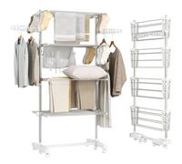 HomCom Tendedero plegable vertical 4 niveles, 6 ruedas, estantes de acero, 80-142x55x172 cm