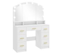 HOMCOM Tocador con 10 Luces LED de 3 Colores, Tocador de Maquillaje con Espejo, Mesa de Maquillaje con 7 Cajones, 3 Compartimentos, Moderno, para Dormitorio, Salón, Blanco White 110x40x150 cm