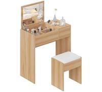 HOMCOM Tocador con Espejo abatible, Taburete Acolchado, Natural | Escritorio de maquillaje, compartimentos ocultos, cajón de almacenamiento, mesa de escritura convertible, dormitorio