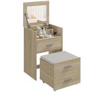 HOMCOM Tocador con Espejo abatible, Taburete Plegable con Ruedas, tocador con Taburete, cajones, cojín Desmontable y Lavable con Efecto Lino, Compartimentos, Ahorro de Espacio, Natural.
