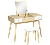 HOMCOM Tocador con Espejo Abatible y Taburete Acolchado Mesa de Maquillaje con Cojín Suave Compartimentos Cajones 100x45x118 cm Natural Aosom España
