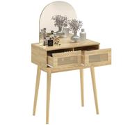 HOMCOM Tocador con Espejo Arqueado, Mesa de Maquillaje Moderna con 2 Cajones con Frontal de Ratán, Tocador de Maquillaje para Dormitorio, Espacios Pequeños, Natural Madera Natural