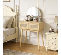 HOMCOM Tocador con Espejo Arqueado Tocador de Maquillaje 2 Cajones Natural | Diseño Moderno, Frontal de Ratán, para Espacios Pequeños y Dormitorio