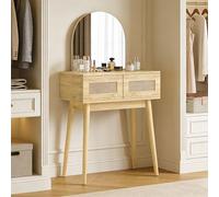 HOMCOM Tocador con Espejo Arqueado, Mesa de Maquillaje Moderna con 2 Cajones con Frontal de Ratán, Tocador de Maquillaje para Dormitorio, Espacios Pequeños, Natural