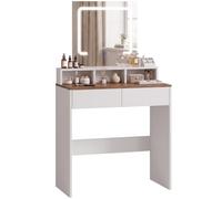 HOMCOM Tocador con Espejo, Luces LED, 2 cajones, Nogal | Mesa de maquillaje, 3 compartimentos, 3 colores iluminación, dormitorio, moderno, mujeres y niñas