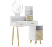 HOMCOM Tocador con Espejo y Luces LED Ajustables con 5 Cajones 4 Compartimentos y 1 Estante 100x44x137 cm Blanco y Natural