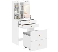HOMCOM Tocador con espejo y taburete de almacenamiento móvil, mesa de tocador compacta con armario, cajones, estantes abiertos, asiento acolchado, escritorio de maquillaje moderno para dormitorio