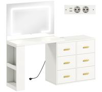 HOMCOM Tocador de Dormitorio con Espejo y Luces LED Regulables, 6 Cajones, 2 Estantes y Tomas de Corriente, Blanco Aosom España