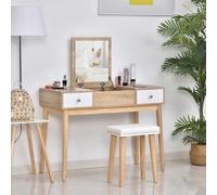 HOMCOM Tocador de Maquillaje con Espejo Abatible 100 cm Mesa de Maquillaje con Taburete Acolchado Cojín Suave Compartimentos y Cajones Patas de Madera Maciza Color Natural