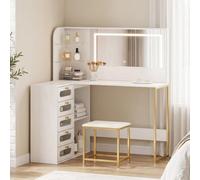 Homcom tocador de maquillaje con espejo y luces led regulables, tocador con taburete acolchado, 2 colores de luz, 5 cajones, 2 compartimentos abiertos y 2 estantes de cristal, para dormitorio, blanco