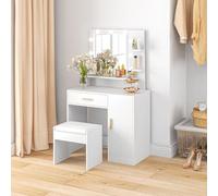 HOMCOM Tocador de Maquillaje con Espejo LED Taburete y Cajones Blanco