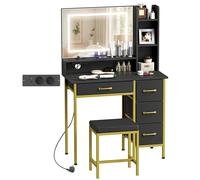 HOMCOM Tocador de Maquillaje con Espejo Luces LED Estación de Carga Taburete Estación de Carga 4 Cajones Negro Negro