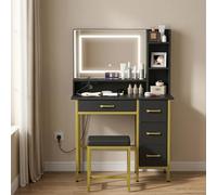 HOMCOM Tocador de Maquillaje con Espejo, Luces LED para Dormitorio Negro | 3 Colores de Luz, Estación de Carga, Tocador con Taburete, 4 Cajones de Tela y Estantes