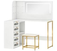 HOMCOM Tocador de Maquillaje con Espejo Luces LED Taburete 5 Cajones 2 Compartimentos y 2 Estantes de Cristal Blanco Aosom España