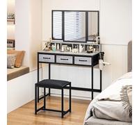 HOMCOM Tocador de Maquillaje con Espejo Tríptico Desmontable en Gris | Tocador con Taburete, 3 Cajones de Tela, Estantes, Soporte para Secador de Pelo, Cesta Metálica, Dormitorio, Vestidor