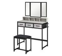 Homcom tocador de maquillaje con espejo tríptico desmontable, tocador con taburete, 3 cajones de tela, estantes, soporte para secador de pelo, cesta metálica, para dormitorio, vestidor, gris