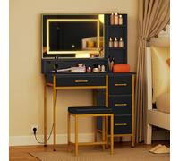 HOMCOM Tocador de Maquillaje con Espejo y Luces LED, 3 Colores de Luz, Estación de Carga, Tocador con Taburete, 4 Cajones de Tela y Estantes, para Dormitorio, Negro
