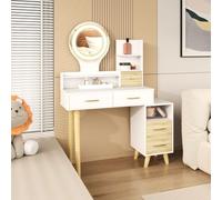 HOMCOM Tocador de Maquillaje con Espejo y Luces LED Mesa de Maquillaje con Iluminación Ajustable 5 Cajones y 4 Compartimentos Tocador para Dormitorio Salón Blanco