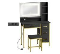 Homcom tocador de maquillaje con espejo y luces led, estación de carga, tocador con taburete, 3 colores de luz, 4 cajones de tela, estantes, para dormitorio, negro