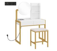 HOMCOM Tocador de Maquillaje con Espejo y Taburete Acolchado, Tocador con Estación de Carga, 2 Cajones, 3 Estantes Abiertos, Puerto USB, Estructura Metálica, para Dormitorio, Blanco