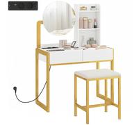 HOMCOM Tocador de Maquillaje con Espejo y Taburete Acolchado, Tocador con Estación de Carga, 2 Cajones, 3 Estantes Abiertos, Puerto USB, Estructura Metálica, para Dormitorio, Blanco