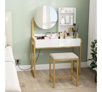 Homcom tocador de maquillaje con espejo y taburete acolchado, tocador con estación de carga, 2 cajones, 3 estantes abiertos, puerto usb, estructura metálica, para dormitorio, blanco 41.7 cm