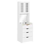 Homcom tocador de maquillaje con luces led de 3 colores, espejo abatible y taburete acolchado, mesa de maquillaje de vidrio visible con 3 cajones y estantes, para espacios reducidos, vestidor, blanco