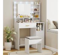 HOMCOM Tocador de Maquillaje con Luces LED y Espejo Taburete Blanco | Tocador, 10 Bombillas, Cajón, Estantes y Compartimentos Abiertos, para Dormitorio o Vestidor