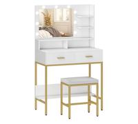 Homcom tocador de maquillaje con luz y taburete mesa de maquillaje con 2 cajones y estantes de almacenamiento estilo moderno tocador para dormitorio blanco