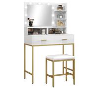 HOMCOM Tocador de Maquillaje con Luz y Taburete Mesa de Maquillaje Moderno con 2 Cajones y Estantes de Almacenaje Tocador para Dormitorio Blanco