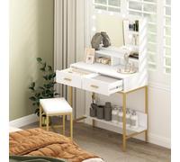HOMCOM Tocador de Maquillaje con Luz y Taburete para Dormitorio Blanco | Mesa de Maquillaje Moderno, 2 Cajones, Estantes de Almacenaje