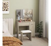 HOMCOM Tocador de Maquillaje con Taburete, Tocador con Espejo, Estantes Abiertos, Cajón y Estante Ajustable, Anti-vuelco, para Dormitorio, Salón y Vestidor, Natural