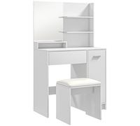 HOMCOM Tocador de Maquillaje con Taburete Espejo Cajón Estante Ajustable y Estantes Abiertos Anti-vuelco Blanco y Beige