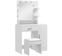 HOMCOM Tocador de Maquillaje con Taburete Espejo LED Cajones Estante Ajustable y Estantes Abiertos para Dormitorio Blanco
