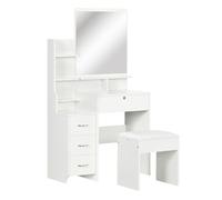 HomCom Tocador de maquillaje con taburete, espejo, 4 cajones y estantes Blanco 80x38x143 cm