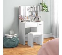 HOMCOM Tocador de Maquillaje con Taburete, Tocador con Espejo, Estantes Abiertos, Cajón y Estante Ajustable, Anti-vuelco, para Dormitorio, Salón y Vestidor, Blanco