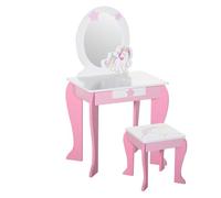 HOMCOM Tocador de Niñas con Espejo, Taburete, Edad 3-6, Rosa y Blanco | Tocador para niños, juguete de juego con diseño de unicornio, para niñas pequeñas de 3-6 años, espejo acrílico.