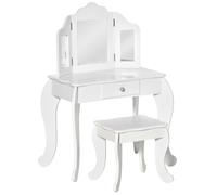 HOMCOM Tocador Infantil con Taburete, Espejo tríptico y cajón deslizante - Tocador dim. 63L x 40A x 85.5Al cm - Blanco Acrílico
