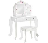 HOMCOM Tocador Infantil de Madera con Taburete y Espejo Mesa de Maquillaje para Niños 63x40x85,5 cm Blanco Aosom España