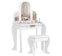 HOMCOM Tocador Infantil con Taburete y Espejo, Tocador para Niñas con Cajón, Mesa de Maquillaje para Niños y Niñas de 3-6 Años, Blanco