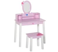 HOMCOM Tocador Infantil con Taburete y Espejo tipo Princesa Mesita de Maquillaje de Madera Rosa Juguete para Niñas 60x34x93 cm Multicolor