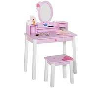 HOMCOM Tocador Infantil con Taburete y Espejo Tipo Princesa Mesita de Maquillaje de Madera Rosa Juguete para Niñas 60x34x93 cm