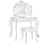 HOMCOM Tocador Infantil de Madera con Taburete y Espejo Mesa de Maquillaje para Niños 63x40x85,5 cm Blanco Aosom España