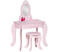 HomCom Tocador infantil Tipo Princesa de madera 3-6 años con cajón, taburete y espejo Rosa