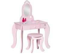 HomCom Tocador infantil Tipo Princesa de madera 3-6 años con cajón, taburete y espejo Rosa