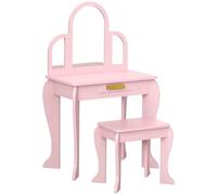 HOMCOM Tocador para Niña con Espejo y Taburete de Maquillaje de 3 a 6 Años, Infantil de Madera con Cajón Rosa