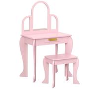HOMCOM Tocador para Niña Maquillaje Espejo Taburete 3-6 Años Cajón Rosa | Tocador Infantil de Madera