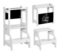 HOMCOM Torre de Aprendizaje 2 en 1 para Niños de +3 Años 42x44x86 cm Gris | Taburete de Aprendizaje, Convertible en Escritorio, con Pizarra y Barra de Seguridad