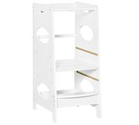 HOMCOM Torre de Aprendizaje de Madera para Niños Taburete de Cocina Infantil con Pedal Altura Ajustable en 3 Posiciones y Barra de Seguridad 40x50x90 cm Blanco