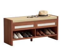 HOMCOM Zapatero con 2 cajones de ratán, 108 x 35 x 50 cm, color marrón | Banco de almacenamiento de zapatos Boho con cojín de lino y estante abierto para salón, dormitorio